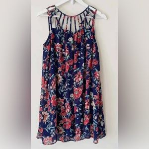 ENTRO Floral Swing Dress Navy Blue Strappy Size S Trapeze A-Line Bohemian Mini